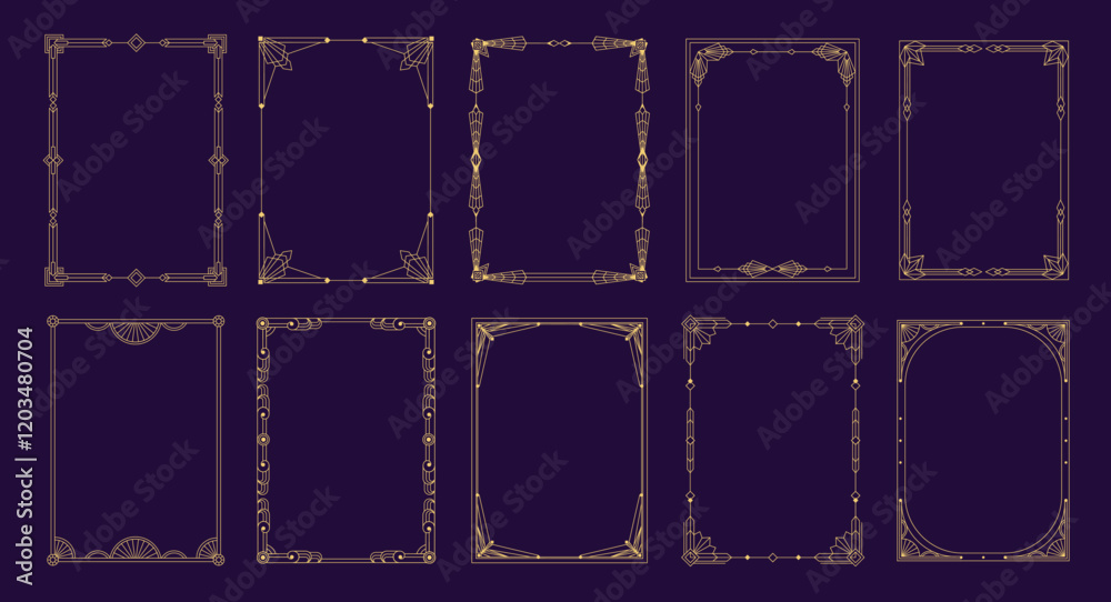 Naklejka premium Art deco frames. Geometric modern border design elements, elegant minimalistic decorative lines for wedding invitation card and luxury cover. Vector set