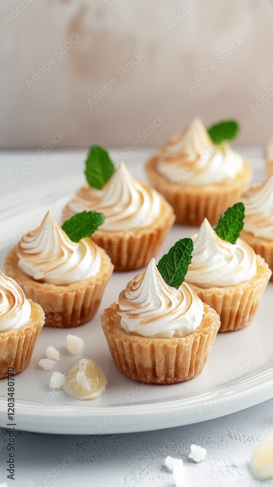 Mini lemon meringue tartlets on white plate