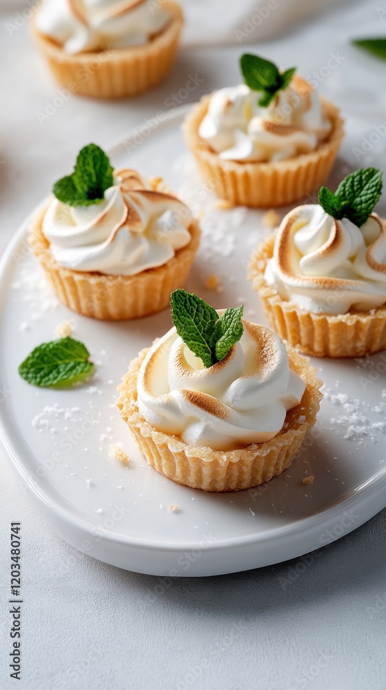 Mini lemon meringue tartlets on white plate
