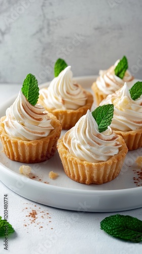 Mini lemon meringue tartlets on white plate	