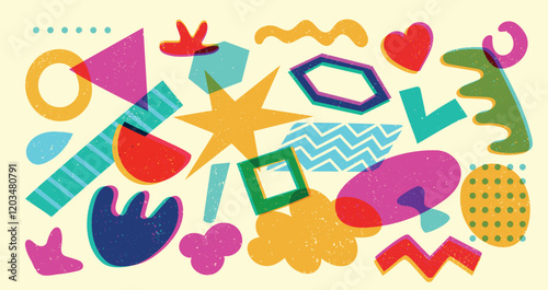 Geometric risograph forms. Abstract minimal primitive shapes with halftone texture, modern bauhaus brutalism figures. Vector graphic set