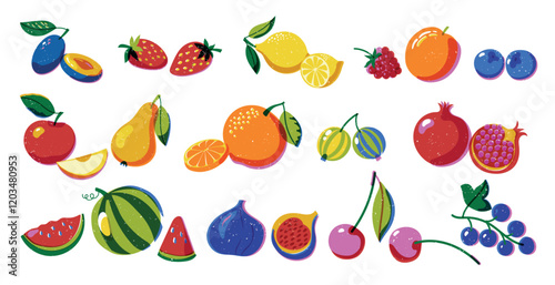 Riso print fruits. Retro botanical berry and fruit stamps, vintage plum apple strawberry lemon watermelon icons. Vector isolated collection