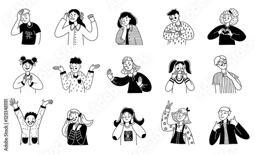 Doodle children character. Black linear kids with different emotions and gestures, hand drawn boys and girls sketch. Vector linear set