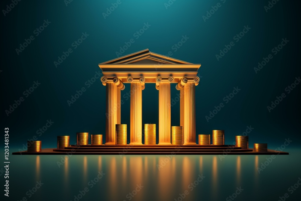 Obraz premium Stacks of gold coins rise in front of a majestic golden bank building, representing economic success and stability