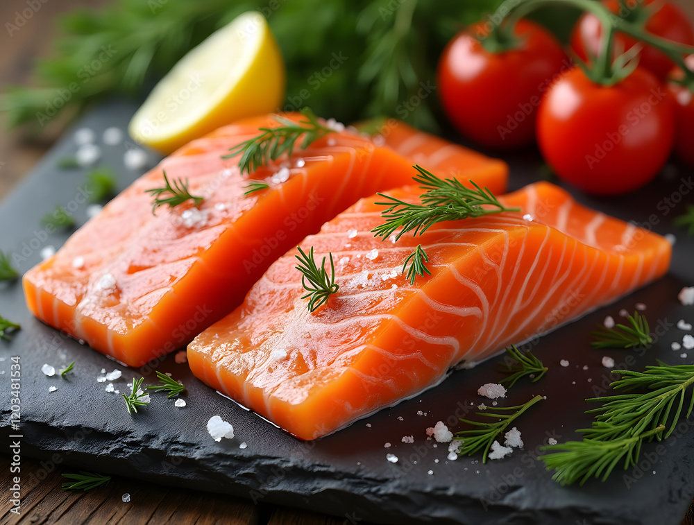 Two fresh raw salmon steaks with salt, pepper, lemon, tomatoes and dill on a wooden table. Two fresh raw salmon steaks with salt, pepper, lemon, tomatoes and dill on a wooden table.