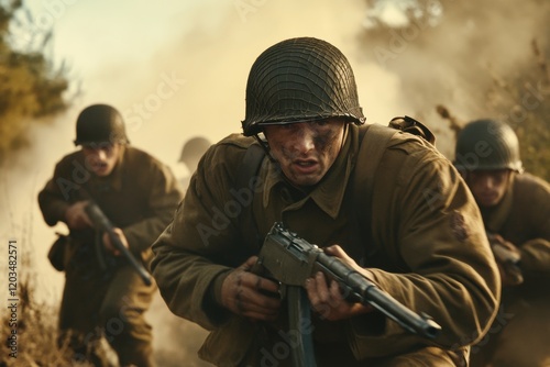 World War II soldiers engaged in a reenactment battle with authentic uniforms and gear in a dramatic, dusty environment photo