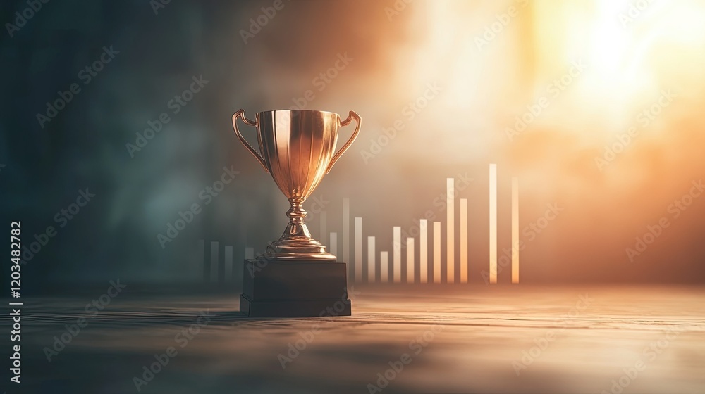 Success Metrics Visualization, trophy displayed among vibrant bar graphs representing achievements and performance indicators