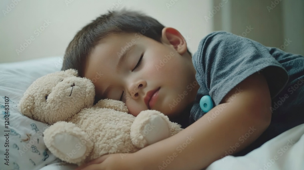 Young Boy Sleeping Peacefully With Teddy Bear Young Boy Sleeping Peacefully With Teddy Bear