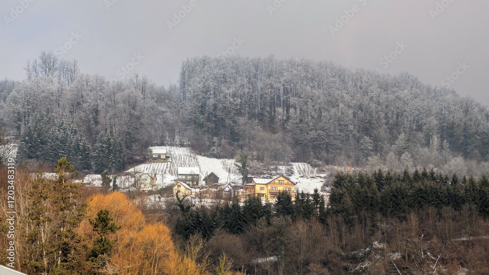 Winter landscape scenery, village on the hillside in the forest at Krapina, Croatia, county Hrvatsko zagorje, nature background