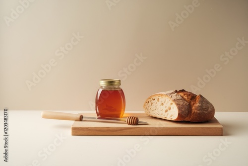 Honey jar bread knife and wooden board on table photo
