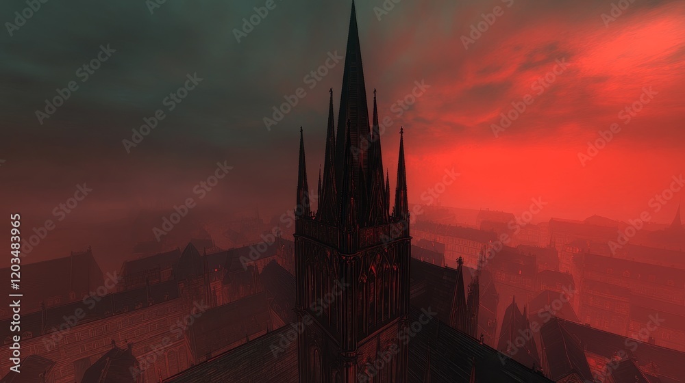 Obraz premium Gothic Cathedral in Red Apocalyptic Skyline