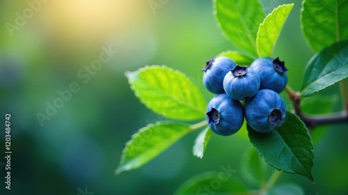 Close-up of ripe blueberries on a bush with vibrant green leaves bathed in sunlight