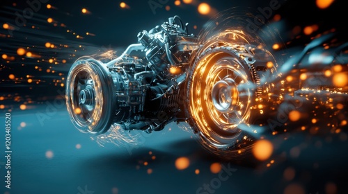 High-speed rendering of a futuristic motorcycle engine with glowing elements and motion blur photo