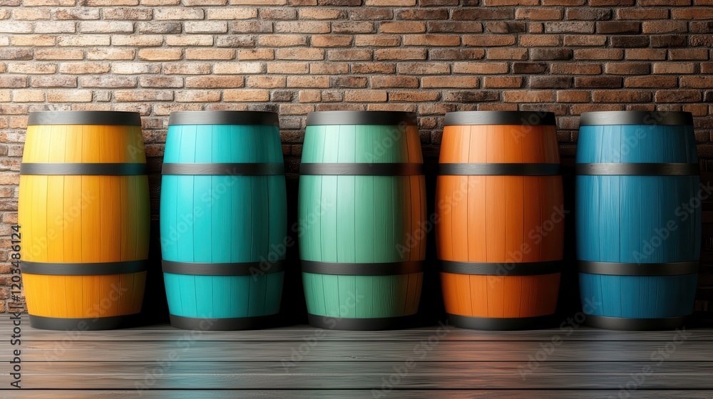A collection of colorful wooden barrels presented in a row against a rustic brick wall, showcasing vibrant hues and a striking contrast that captures attention.