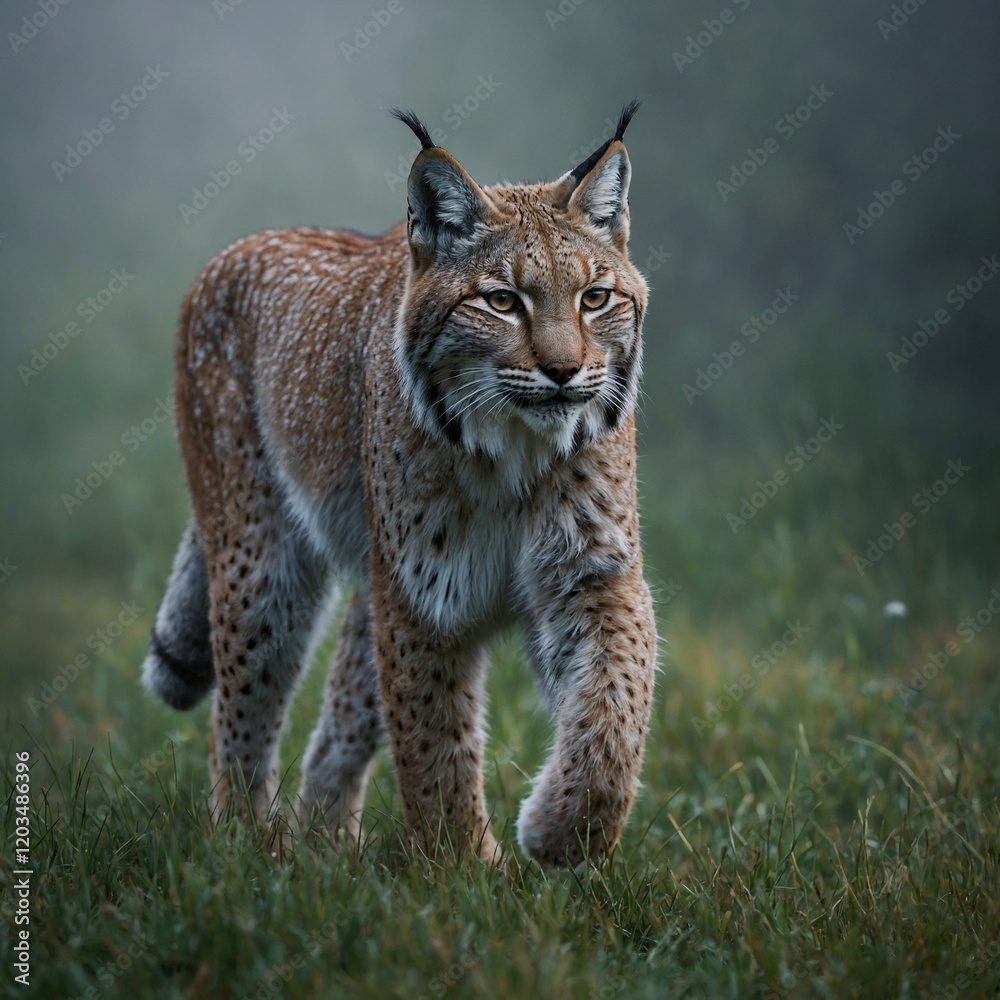 Obraz premium A lynx walking through a quiet, foggy meadow with dew glistening on the grass.
