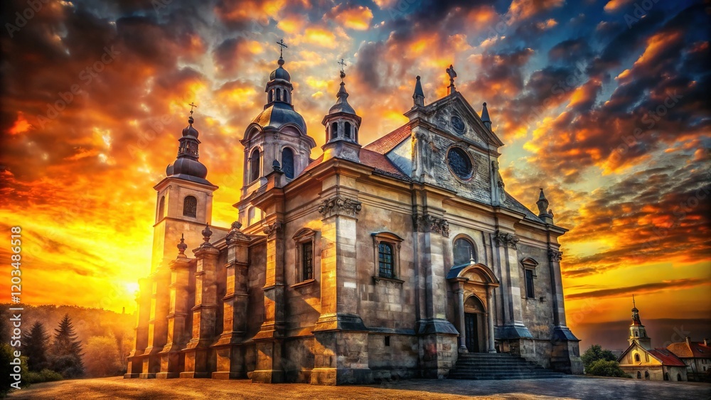 Fototapeta premium Ancient Eastern European Catholic Church, Double Exposure, Mystical Light