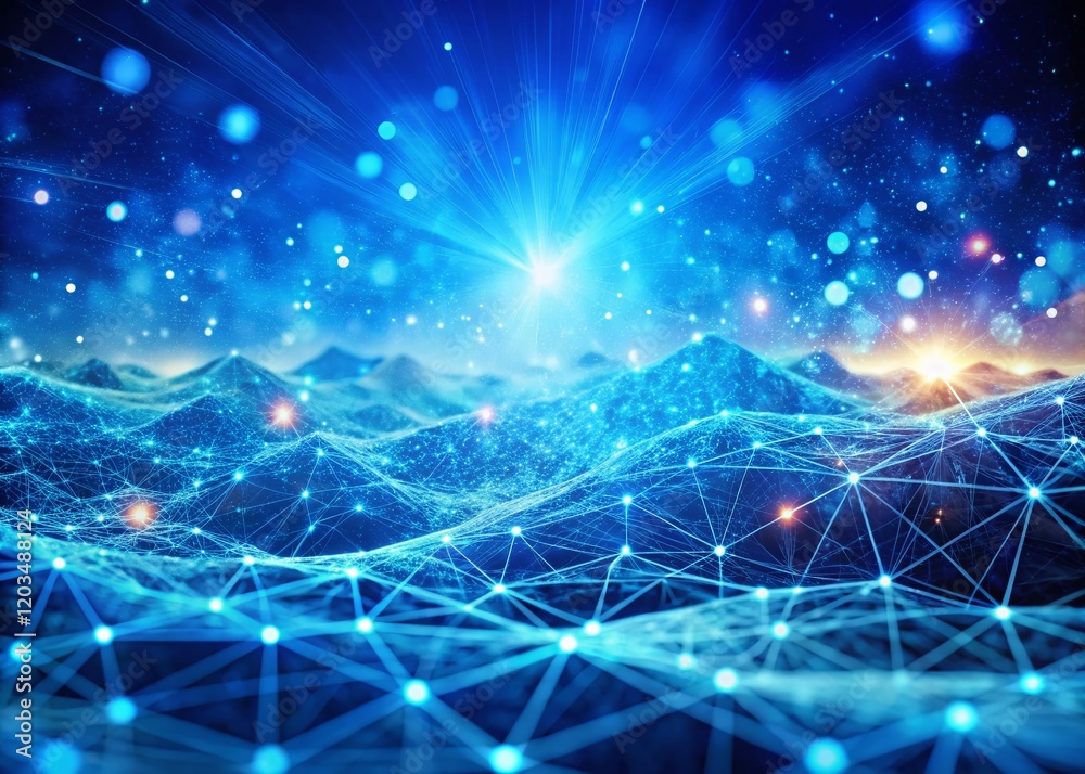 Abstract Blue Network Landscape: Connected Dots, Data Waves & Metaverse Technology