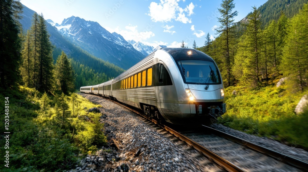 Fototapeta premium A sleek, modern train travels alongside a lush green valley, surrounded by majestic mountains, reflecting an adventurous spirit of exploration and nature's beauty.