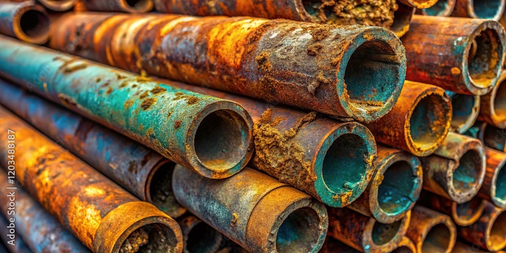 Corroded Steel Pipes with Worn Insulation - Industrial Background Stock Photo Corroded Steel Pipes with Worn Insulation - Industrial Background Stock Photo