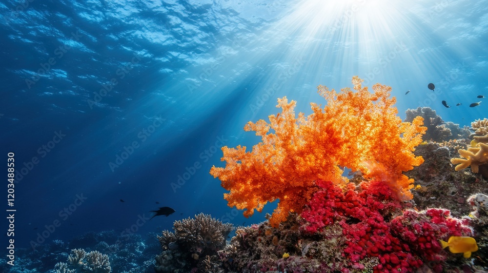 Naklejka premium Vibrant underwater coral reef ecosystem showcasing diverse marine flora and fauna in a stunning aquatic environment.