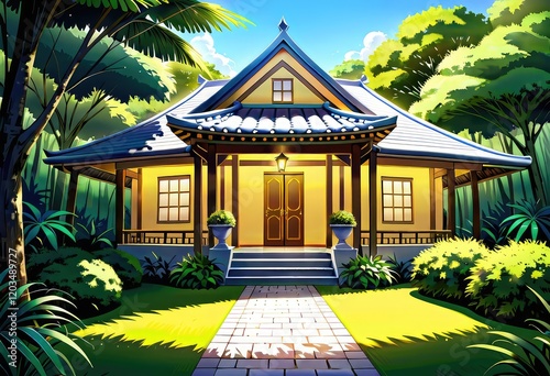 A colorful cartoon drawing that depicts a charming house with a bright red roof