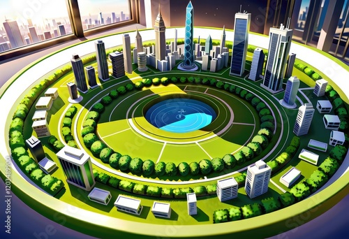 A detailed model of a city that is encompassed by trees and various buildings