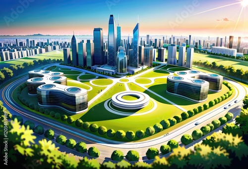 A detailed model of a city that is encompassed by trees and various buildings