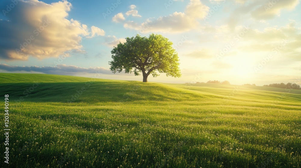 Sunset over lush green field with solitary tree basking in warm sunlight and vibrant sky Sunset over lush green field with solitary tree basking in warm sunlight and vibrant sky
