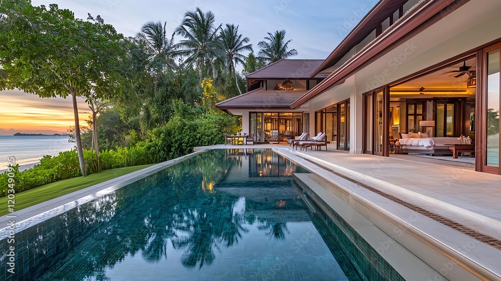 Fototapeta premium luxury beachfront villa sunset pool - luxury travel