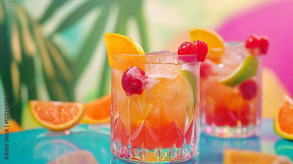 Fototapeta premium Vibrant summer cocktails gleam brightly under warm sunlight refreshing fruity flavors. AI Generated