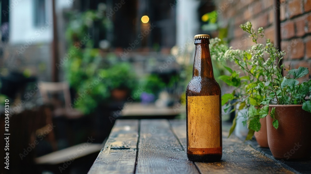 Craft beer bottle featuring an intricate and artistic design on a wooden table in a cozy, well-lit setting Craft beer bottle featuring an intricate and artistic design on a wooden table in a cozy, well-lit setting