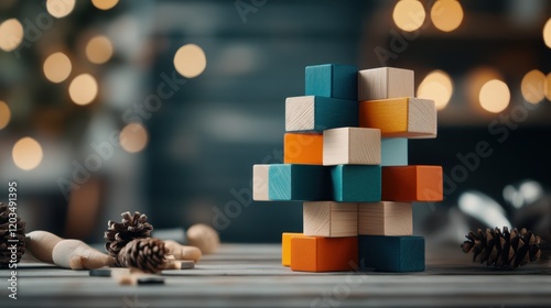 This vibrant image showcases a stack of colorful wooden blocks atop a rustic table, creating an engaging and playful scene filled with creativity and fun. photo