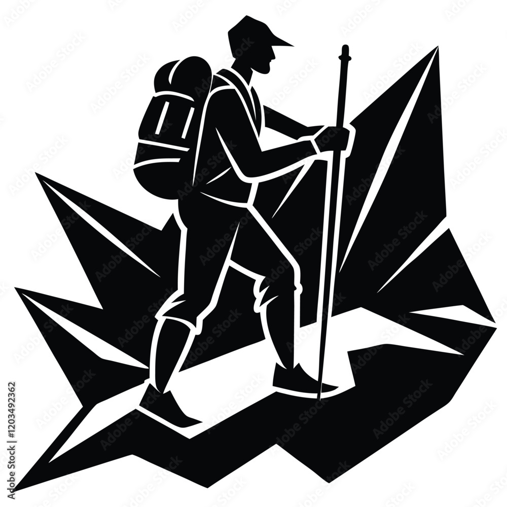 Fototapeta premium vector silhouette of a hiker climbing a rocky path,