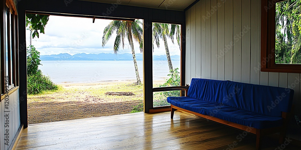 Fototapeta premium Serene Beachfront Cottage Interior with Ocean View