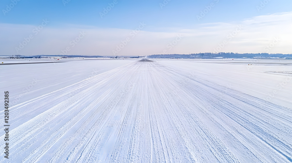 A snow-covered airport runway with faint tire tracks, depicting a serene winter scene where the tracks add a sense of movement, highlighting the quiet and calm atmosphere of an empty airport during a A snow-covered airport runway with faint tire tracks, depicting a serene winter scene where the tracks add a sense of movement, highlighting the quiet and calm atmosphere of an empty airport during a