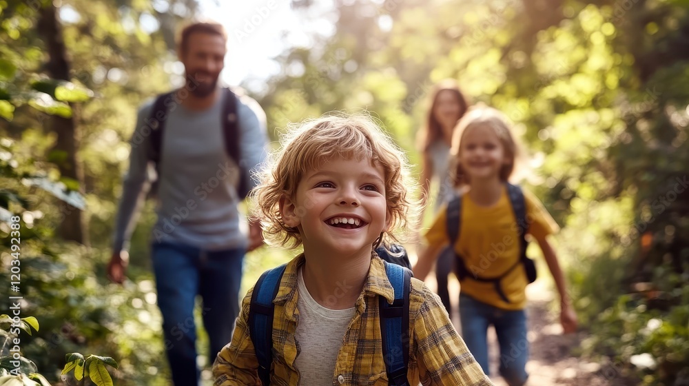 Happy Family Hiking Together Through a Green Forest Trail Happy Family Hiking Together Through a Green Forest Trail