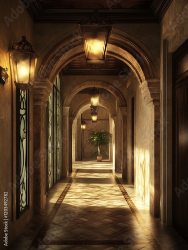 Warm light illuminates elegant arched hallway. AI Generated
