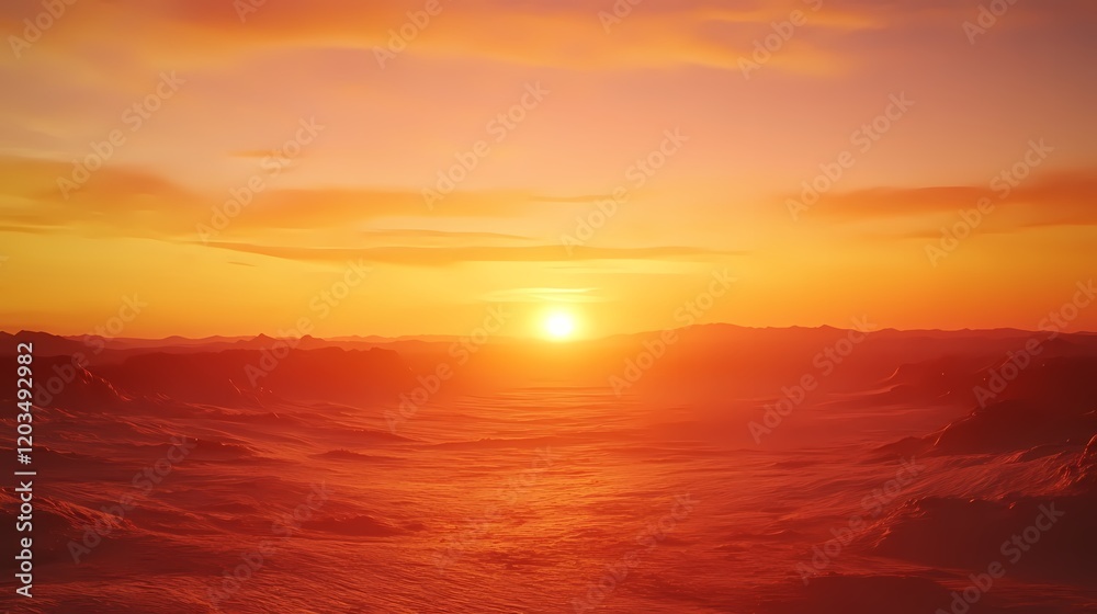Fototapeta premium Breathtaking Sunset Over Serene Landscape with Warm Hues, Illuminating Textures and Silhouettes of Mountains in a Tranquil Atmosphere of Nature's Beauty