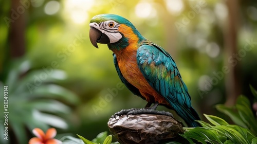 This striking macaw sculpture showcases rich colors and impressive detailing, set against a backdrop of lush greenery, representing nature's beauty.