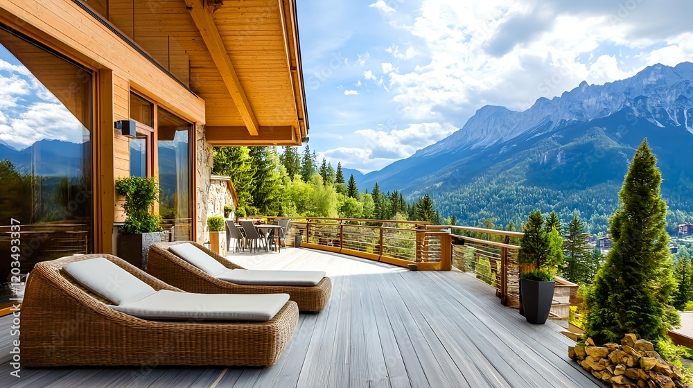 Fototapeta premium luxury mountain chalet deck & view - luxury real estate