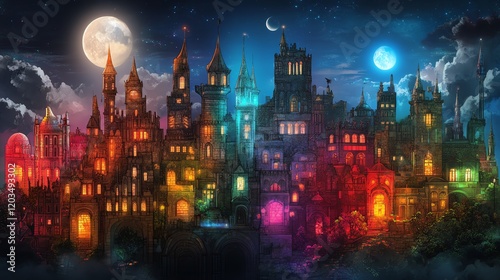 Magical cityscape at night. Colorful castles and towers illuminated under a full moon and crescent moon. Fantasy architecture, vibrant colors, dreamlike atmosphere.