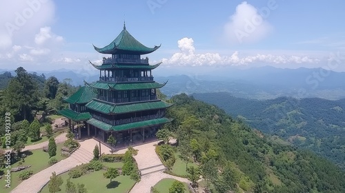 Green Pagoda Mountaintop Vista Scenic Asian Architecture