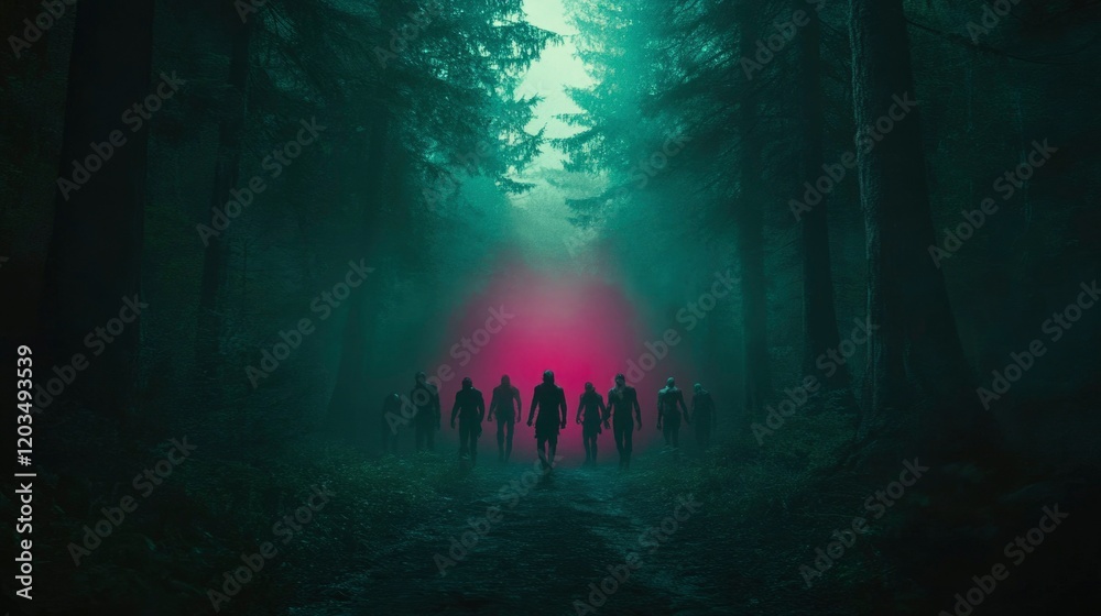 Fototapeta premium Silhouetted figures walk a foggy forest path towards a pink glow