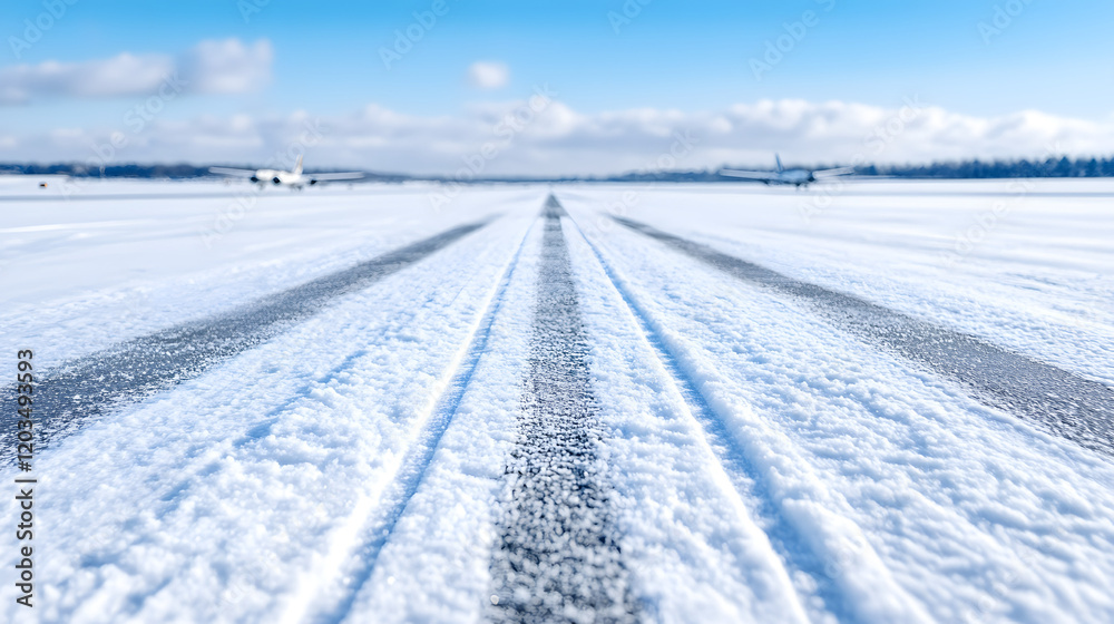 A snow-covered airport runway with faint tire tracks, depicting a serene winter scene where the tracks add a sense of movement, highlighting the quiet and calm atmosphere of an empty airport during a A snow-covered airport runway with faint tire tracks, depicting a serene winter scene where the tracks add a sense of movement, highlighting the quiet and calm atmosphere of an empty airport during a