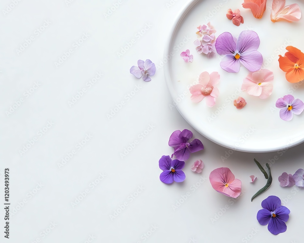 Side view of an elegantly plated dish with edible flowers Side view of an elegantly plated dish with edible flowers