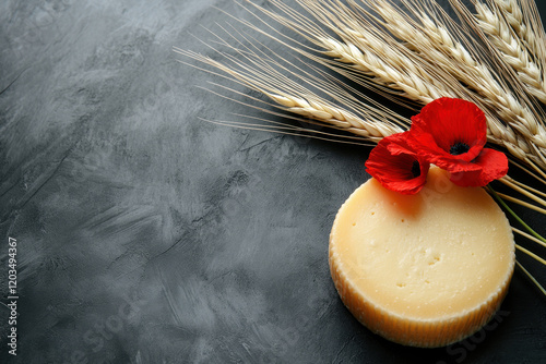 Jewish holiday Shavuot background consisting of flowers, cheese and wheat ears on stone background.