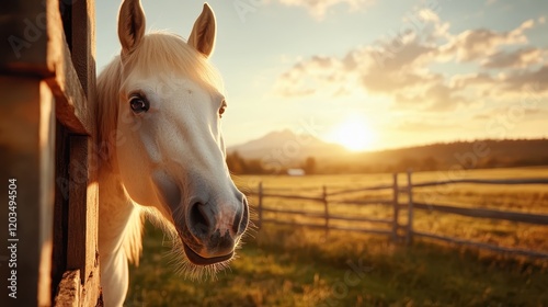 As the sun sets, a stunning white horse looks out from a rustic barn, bathed in golden light that enhances the beauty and tranquility of the countryside.