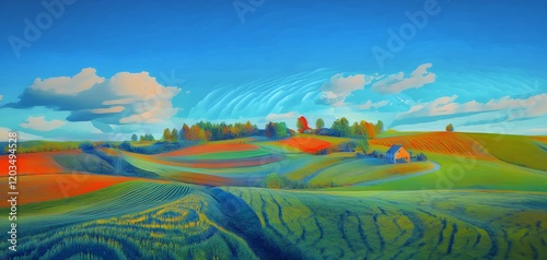 Vibrant digital painting of a colorful landscape. Rolling hills, fields, and a bright blue sky create a surreal and idyllic scene.