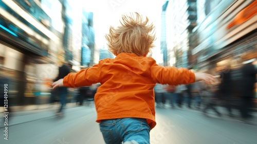 A joyful child running with arms outstretched in a bustling street, encapsulating the essence of childhood freedom amidst the vibrant energy of city life. photo