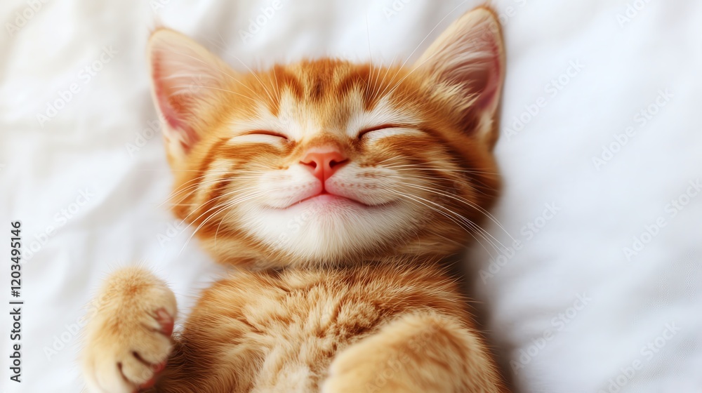 Happy orange kitten lying on soft white fabric with eyes closed, white isolate background. Happy orange kitten lying on soft white fabric with eyes closed, white isolate background.